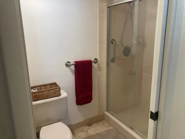 a bathroom with a shower and a toilet