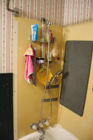 a view of a hallway with wooden floor and cabinet