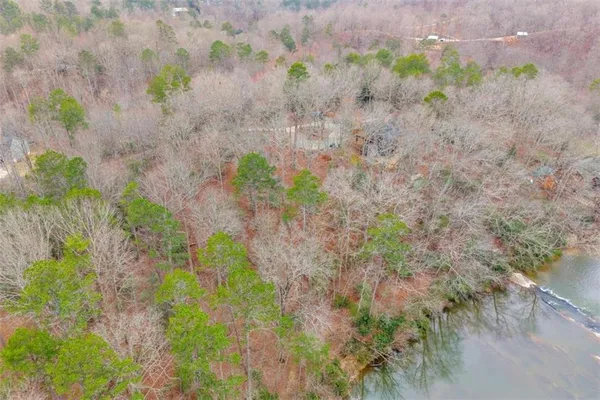 a view of a yard with trees in front of it
