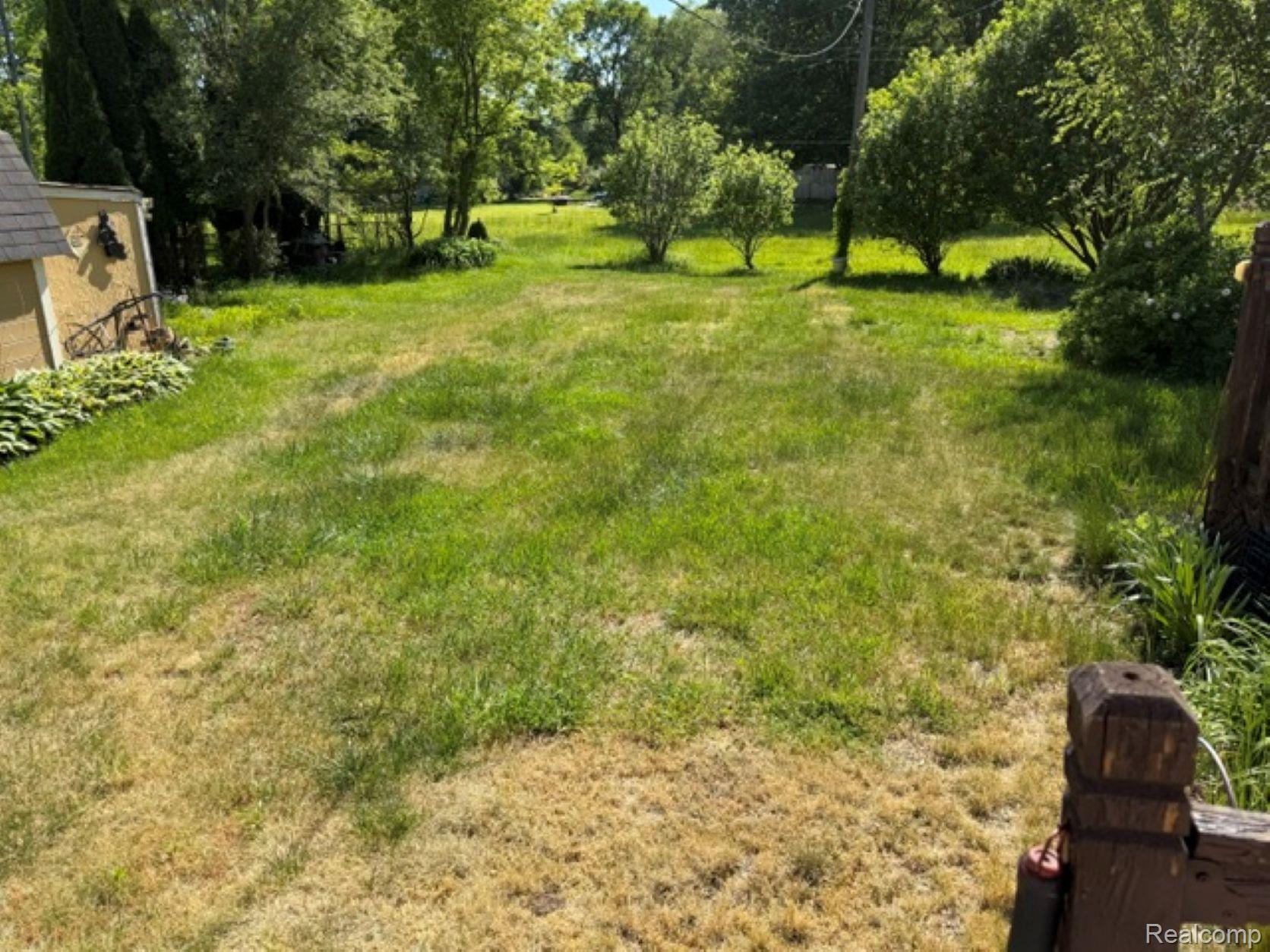 53151 Fairchild Road Macomb, MI 48042 - Photo 2 of 22 Expansive lawn area featuring mature trees and shrubbery, with a visible utility pole