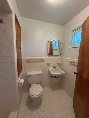 a bathroom with a toilet a sink and a mirror