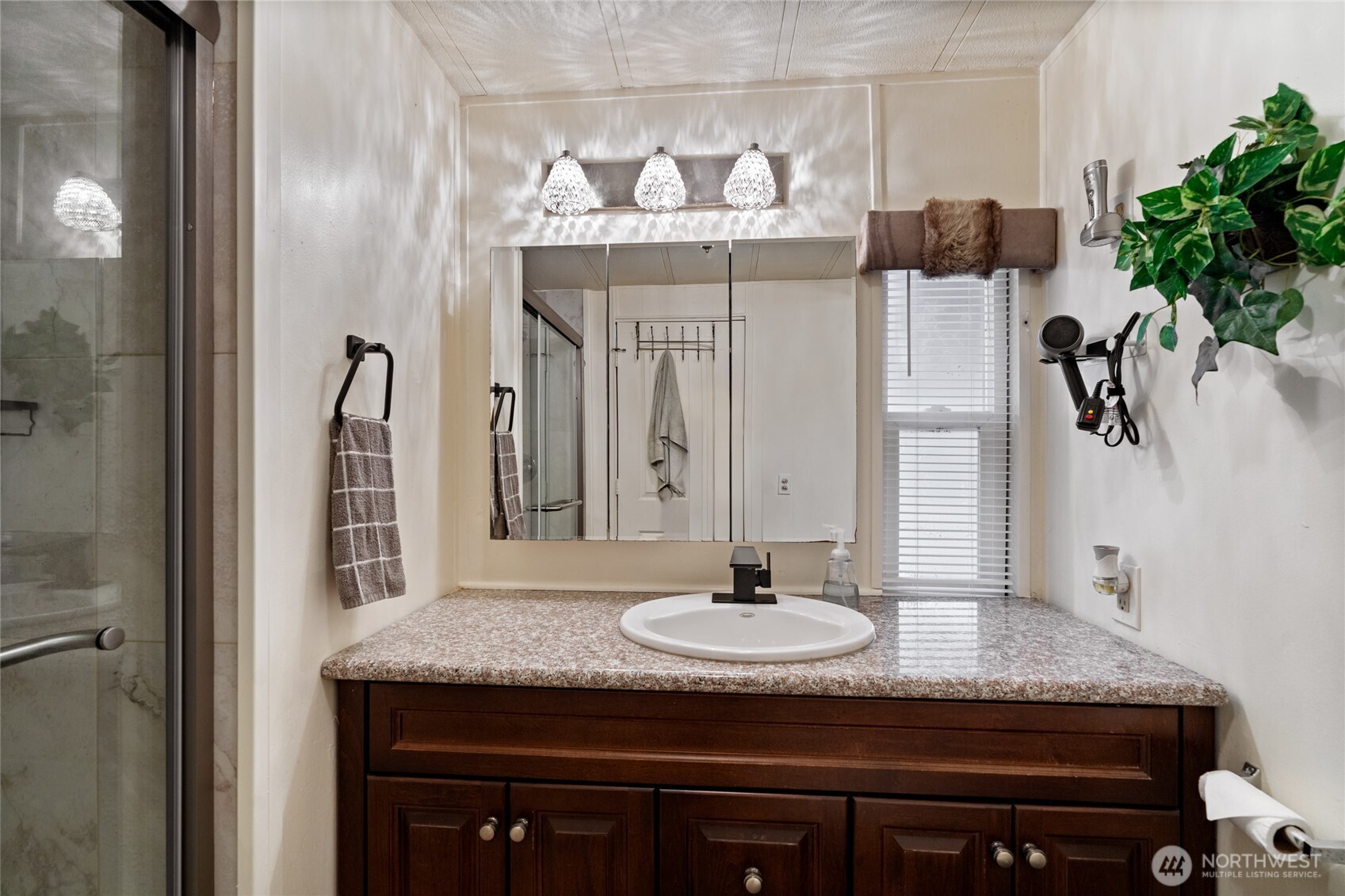 271 Skate Creek Road North Ashford, WA 98304 - Photo 18 of 40 a bathroom with a granite countertop sink a mirror and vanity