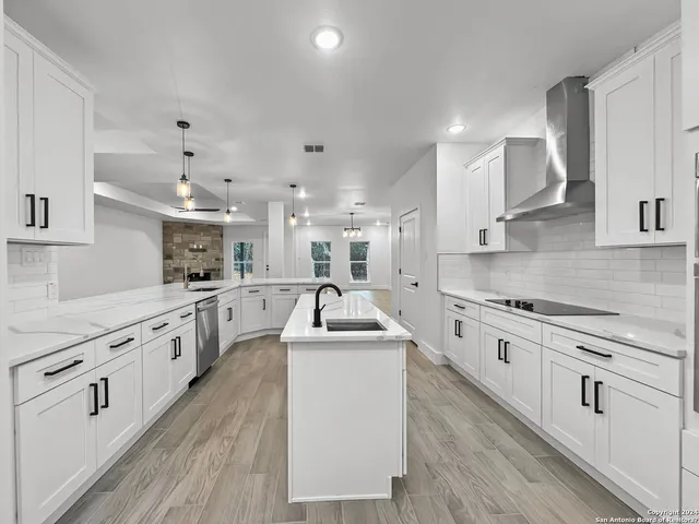 a large kitchen with stainless steel appliances granite countertop a lot of white cabinets and a dishwasher