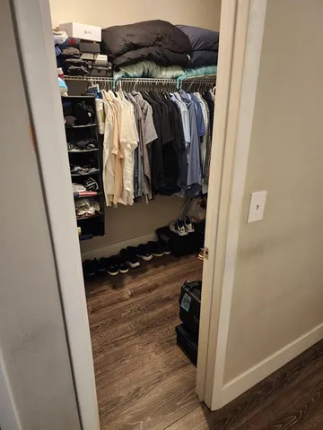 a view of walk in closet with clothes and shoes