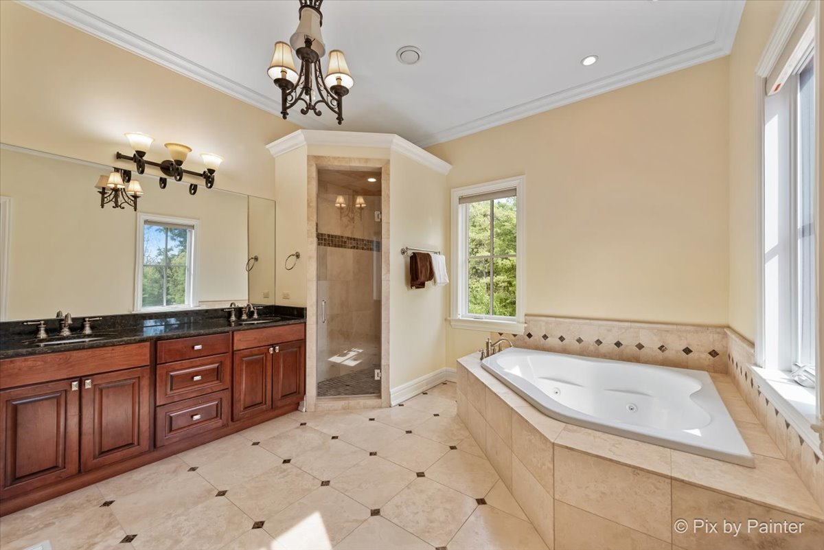 27 West Onwentsia Road Lake Forest, IL 60045 - Photo 56 of 84 a spacious bathroom with a sink a large mirror and a bathtub