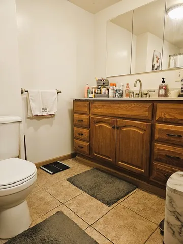 a bathroom with a sink a toilet and mirror
