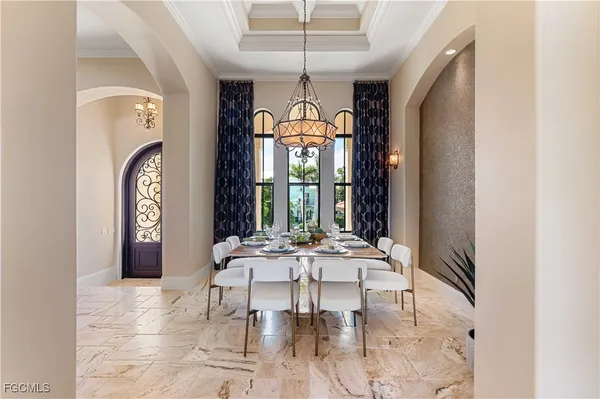 a view of a dining room with furniture window and outside view