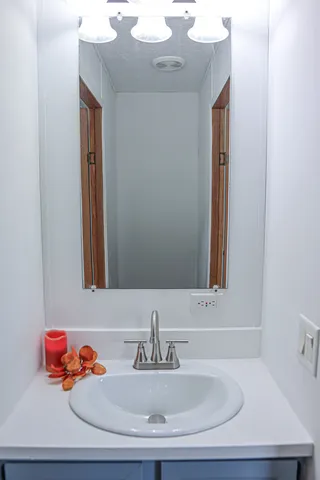 a bathroom with a sink and a mirror