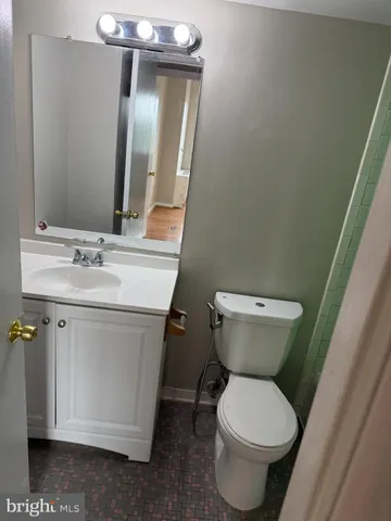 a bathroom with a sink toilet and mirror