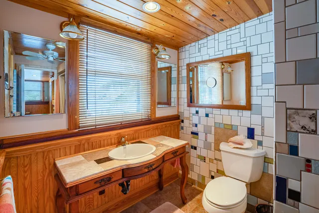 a bathroom with a sink a toilet and mirror