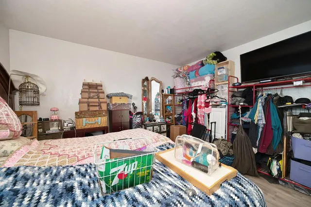 a bed room with a bed and a closet