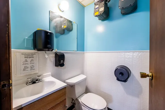 a bathroom with a toilet a sink and mirror