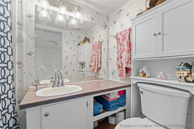 a bathroom with a sink a toilet and a shower curtain