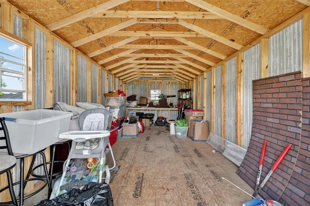 a view of a backyard with plants and tree