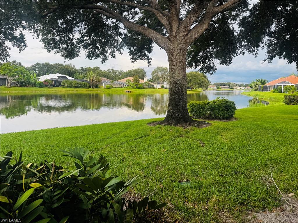 a view of a lake with a big yard and large trees