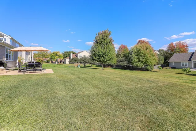 a view of a field of grass and trees