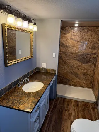 a bathroom with a granite countertop sink toilet and mirror