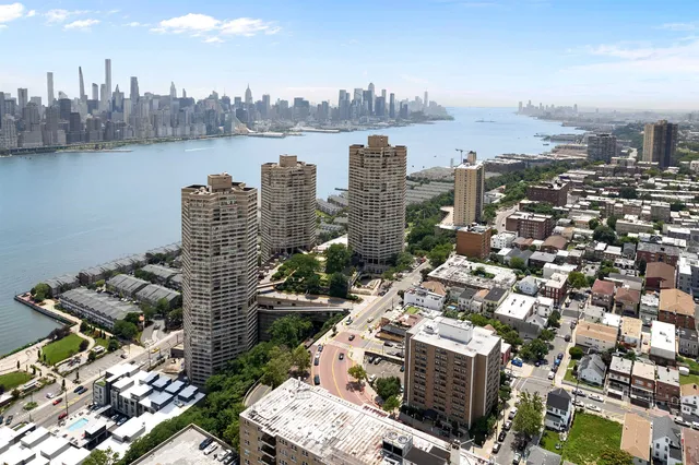 a city view with tall buildings
