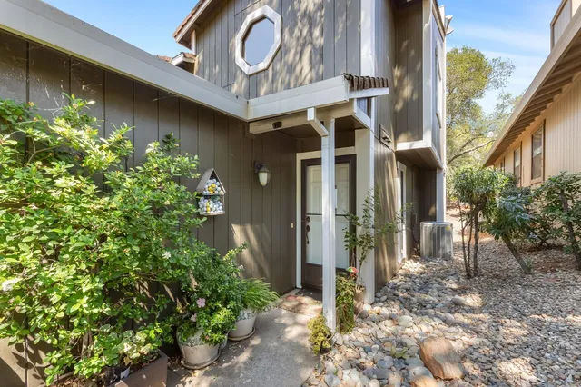 a view of a house with a tree and plants