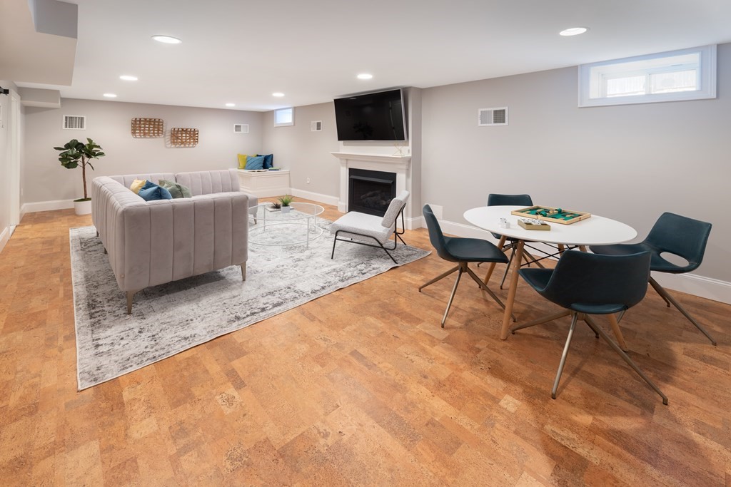 9 Hazel Terrace Arlington, MA 02474 - Photo 23 of 36 a living room with furniture a flat screen tv and a fireplace