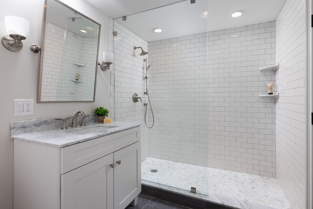 9 Hazel Terrace Arlington, MA 02474 - Photo 24 of 36 a bathroom with a sink shower and a mirror