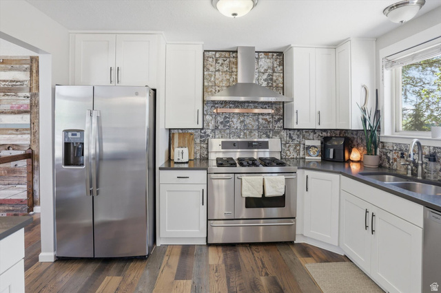 8938 Manchester Lane Sandy, UT 84093 - Photo 10 of 50 Modern kitchen featuring wood-finish flooring, white cabinetry with matte black hardware, and dark countertops