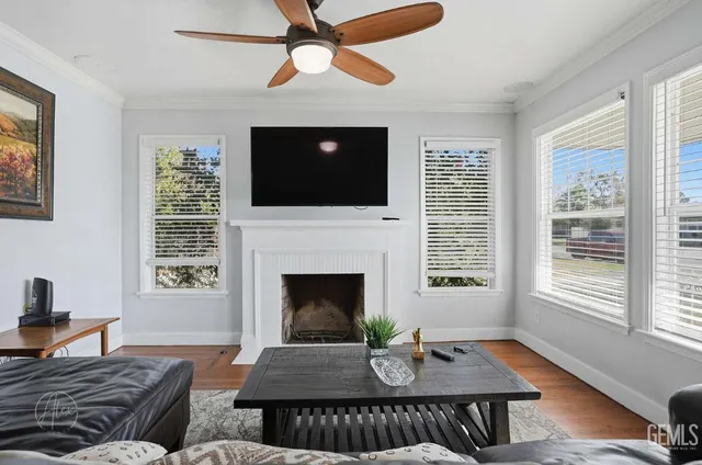 a living room with furniture fireplace and window