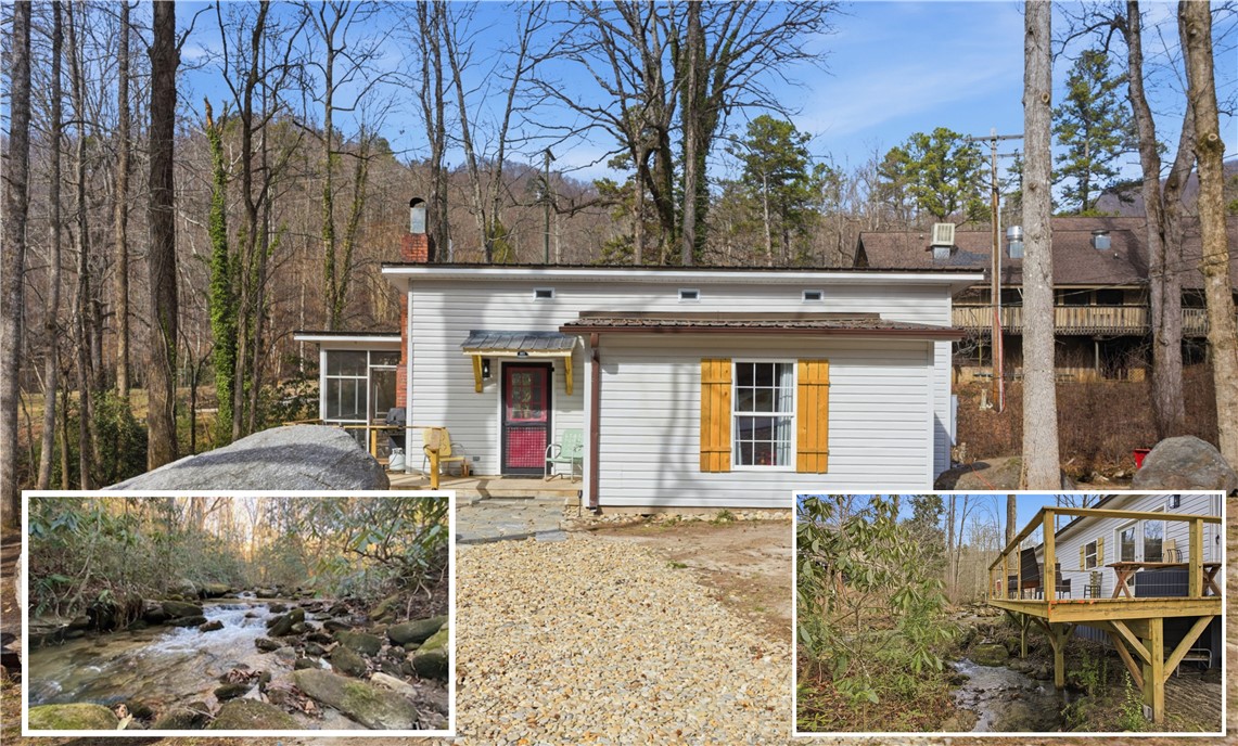 This charming home features a cozy exterior with rustic details, nestled beside a serene stream.