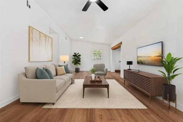 a living room with furniture and a potted plant