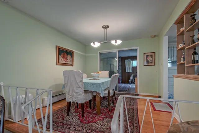 a view of a dining room with furniture