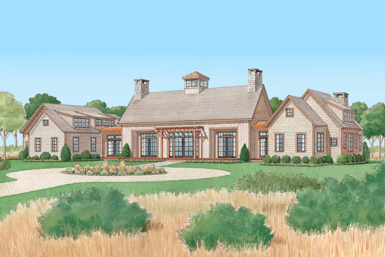 a front view of a house with a garden and lake view