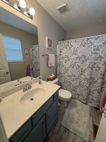 a bathroom with a sink a toilet and shower curtain