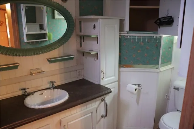 a bathroom with a sink and a mirror