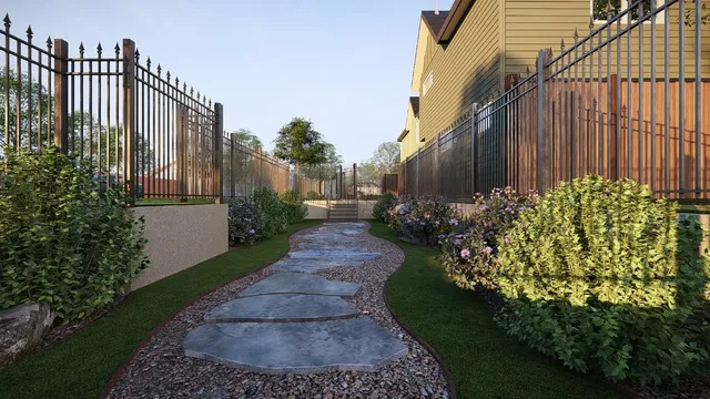 a view of a garden with wooden fence