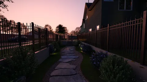 a garden with wooden fence