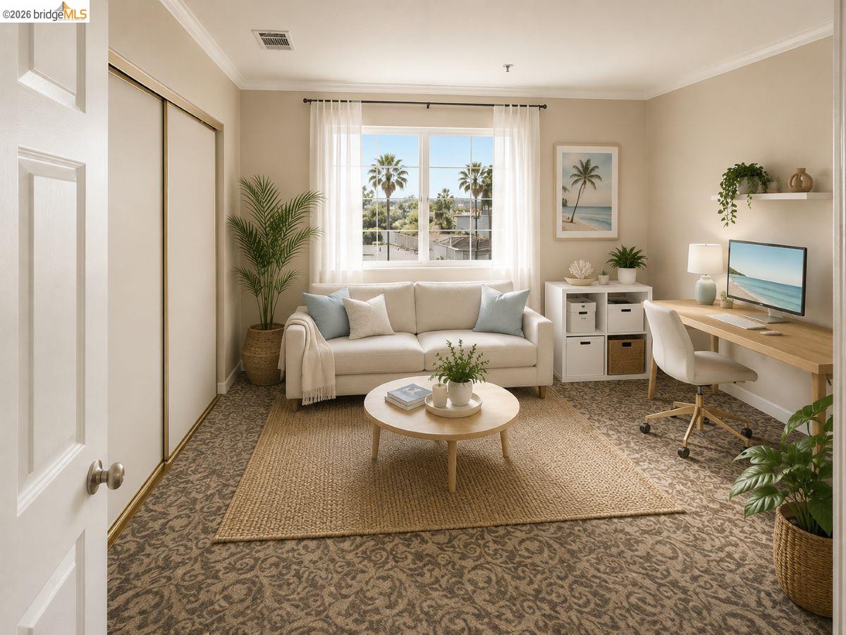 3623 Wells Road Oakley, CA 94561 - Photo 20 of 59 Recessed window with white trim, built-in shelving, patterned carpeting, and crown molding