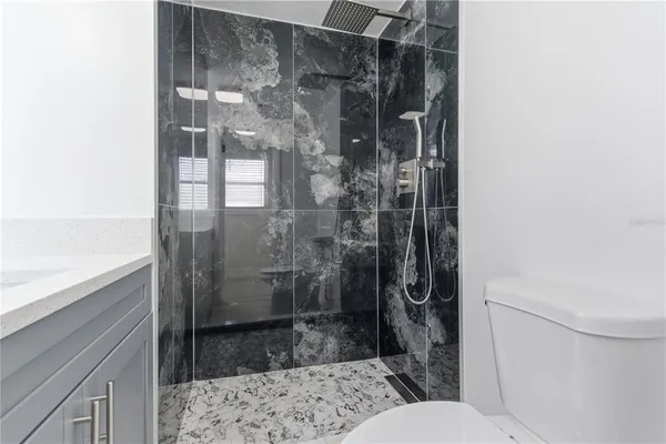 a bathroom with a shower and a toilet