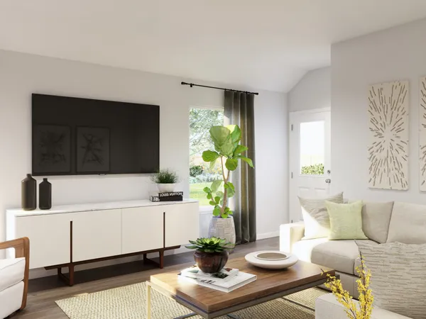 a living room with furniture and a painting on the wall