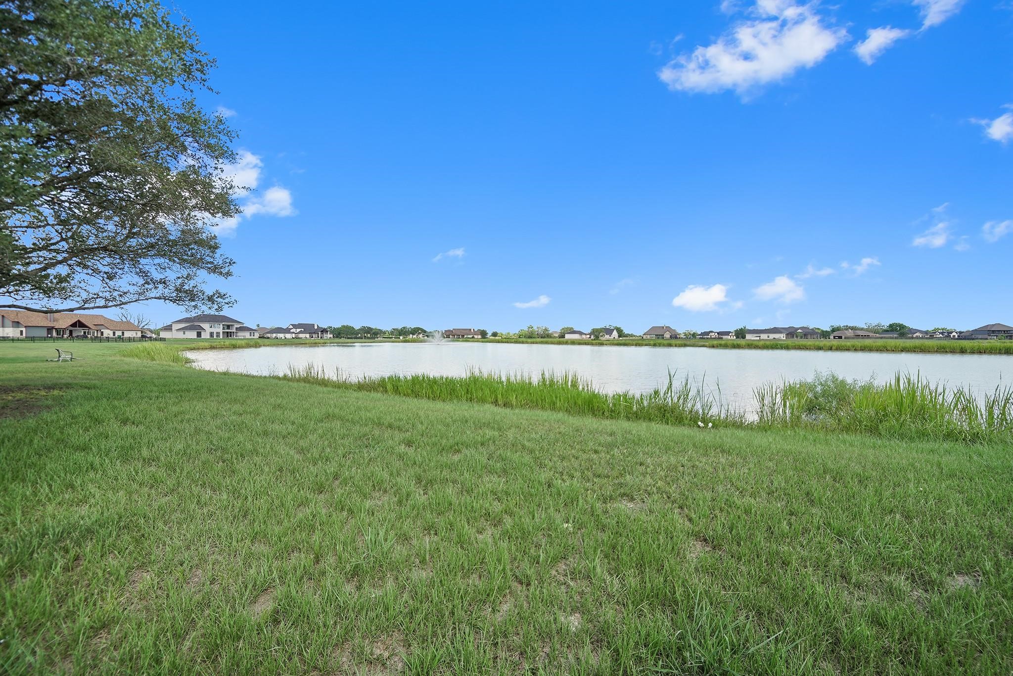 351 Lily Lane Rosharon, TX 77583 - Photo 2 of 5 This photo showcases a serene lakeside view with lush green grass, a few trees, and a clear blue sky. Houses are visible in the distance, offering a peaceful neighborhood setting ideal for relaxation.