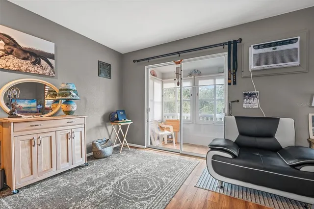 a living room with furniture a rug potted plant and a large window