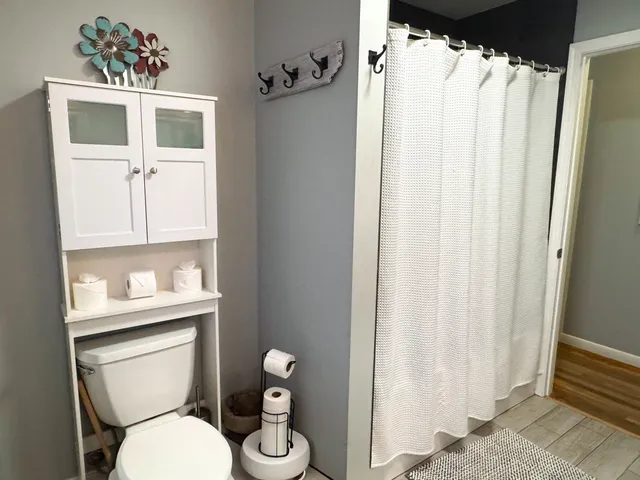 a bathroom with a toilet sink and mirror
