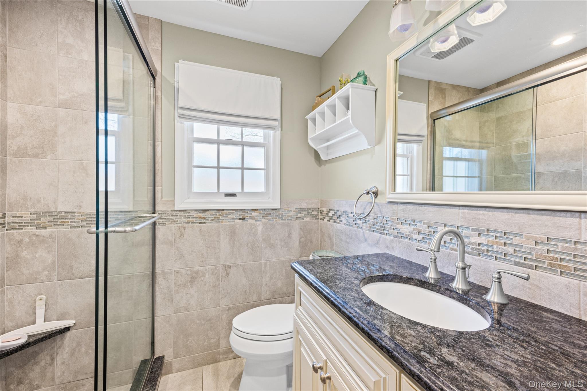 416 Argyle Road Mineola, NY 11501 - Photo 37 of 46 a bathroom with a granite countertop sink a toilet a mirror and a shower