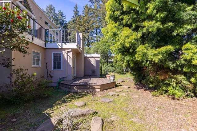 a aerial view of a house with a yard and potted plants