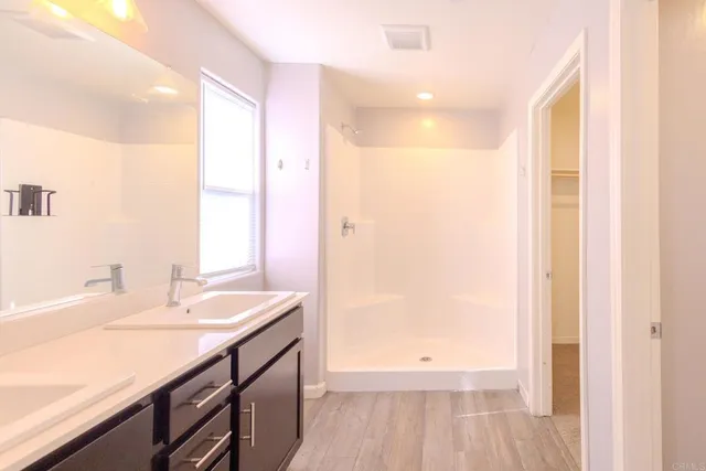 a bathroom with a sink a mirror and a shower