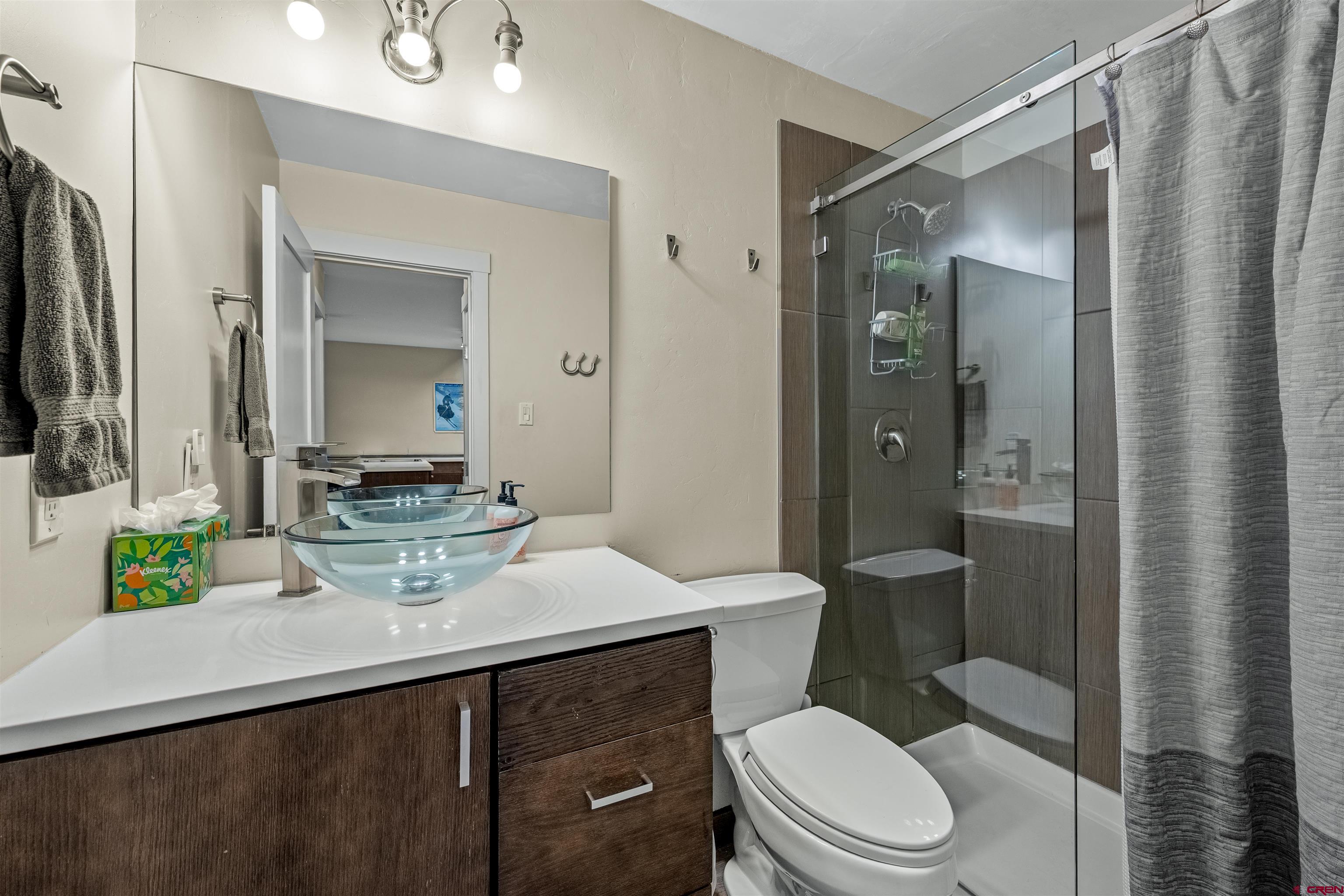 455 Sheol Street, Unit 209 Durango, CO 81301 - Photo 13 of 30 a bathroom with a sink a toilet a mirror and shower
