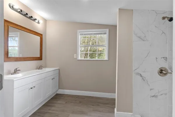 a bathroom with a double vanity sink a mirror and a shower