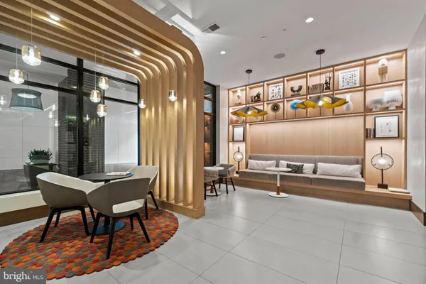 a lobby with furniture and outdoor space