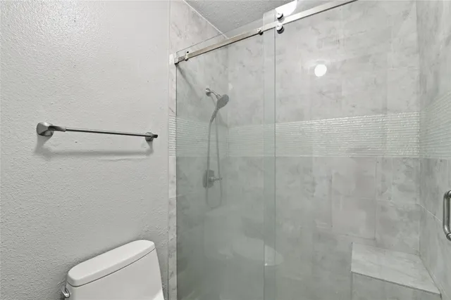 a bathroom with a shower and toilet