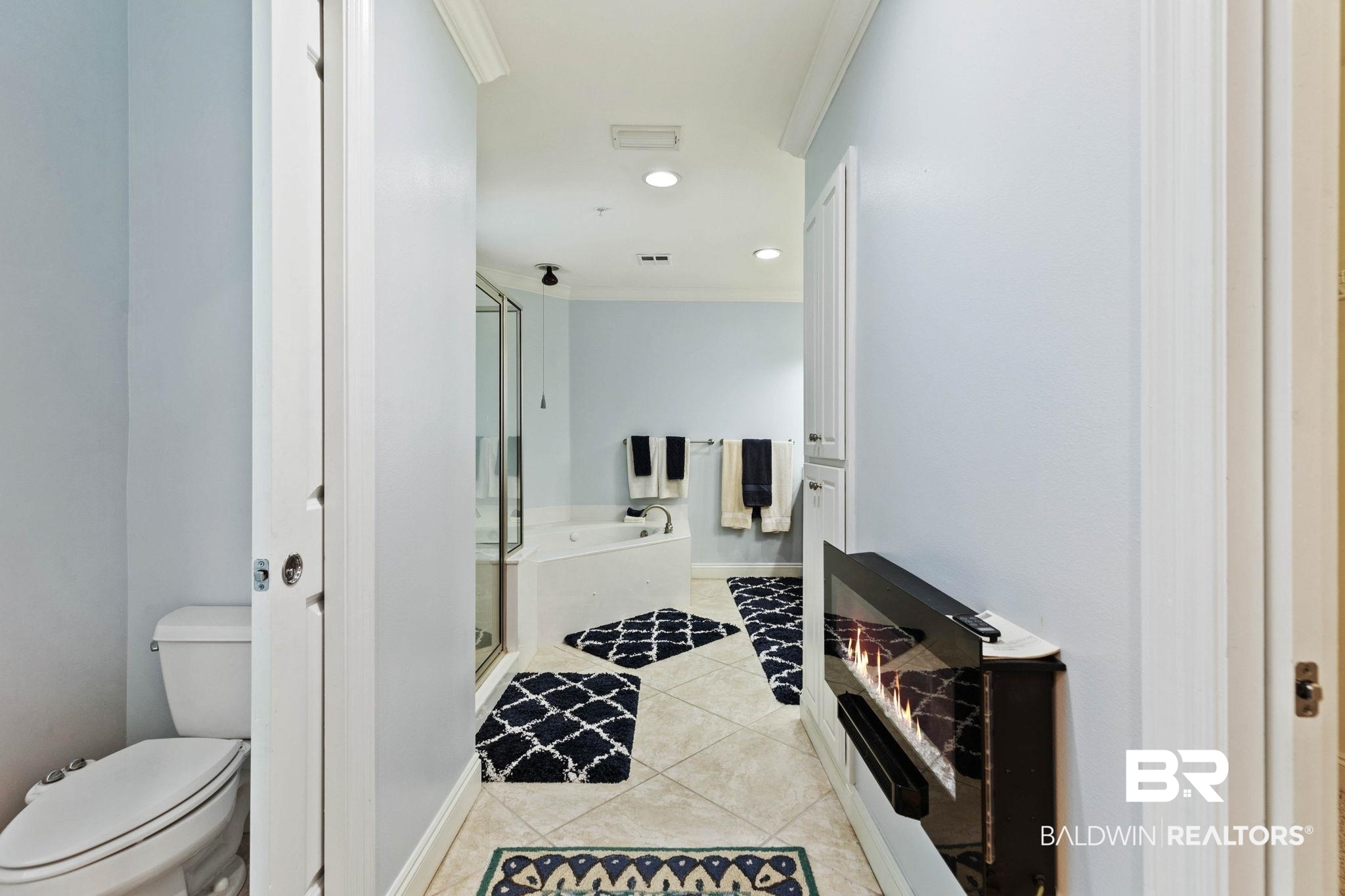 28250 Canal Road, Unit 208 Orange Beach, AL 36561 - Photo 29 of 53 Bathroom featuring light tile patterned floors, recessed lighting, a shower stall, a bath, and ornamental molding