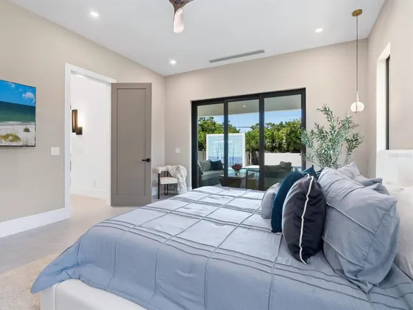 a bedroom with a large bed and a large window